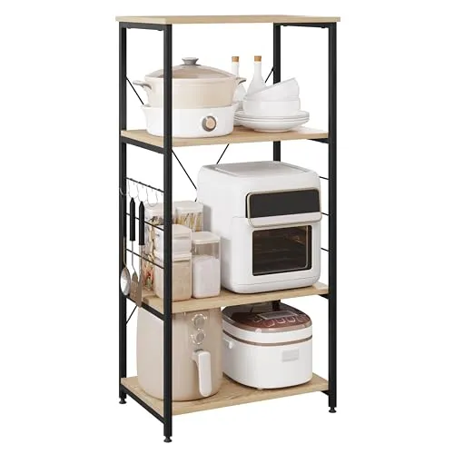 WOLTU Küchenregal Standregal Mikrowellenhalter - Standregal mit 4 Ablagen, ideal für Mini-Küchenarbeitsplätze oder Kaffeebars, robust und langlebig aus Holz und Stahl, inklusive Kippsicherung und verstellbaren Füßen für hohe Stabilität.