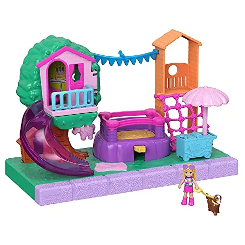 Polly Pocket GTM67 - Pollyville Spielplatz-Abenteuer, kleine Polly Puppe, Baumhaus, Rutsche, Hüpfburg, Klettergerüst, Eiswagen, Peaches-Figur und mehr, Spielzeug Geschenk für Kinder ab 4 Jahren