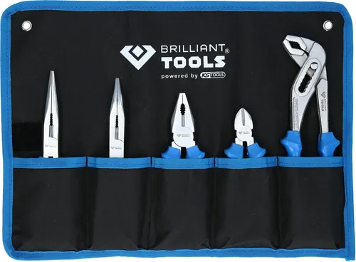 Brilliant Tools BT060005 Zangen-Set 5teilig - Zangen-Set aus Chrom-Vanadium-Stahl, induktiv gehärtete Zähne für hohe Langlebigkeit, inklusive praktischer Rolltasche – ideal für Werkstätten und Baustellen.