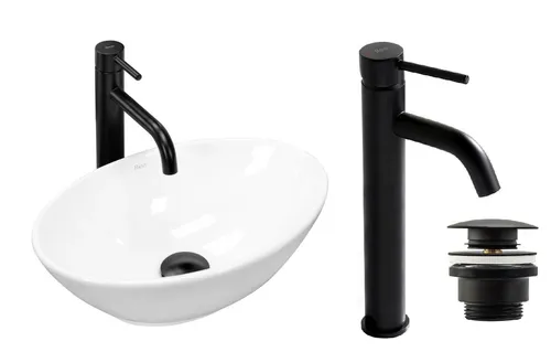 GTM Design Waschbecken Glanz - Modern Waschbecken - ohne Überlaufloch - Elegant (Set mit Stopfen + Waschtischbatterie)