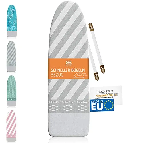 Buntes Brett ® Bügeltischbezug für Dampfbügeleisen (Größe L) | Universal bis zu max. 140x50 cm | Bügeltischbezug zum einfachen Bügeln von Kleidung | Made in EU | Geeignet für Dampfbügelstation | Grau