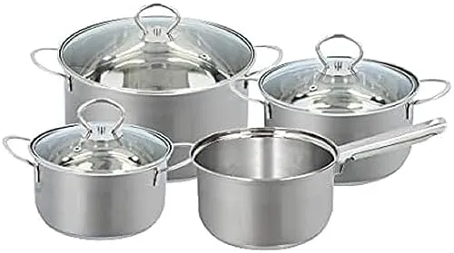 alpina Töpfe und Pfannen Set 4 Pfannen mit 3 Deckeln, Silver Grey - Topf- & Pfannensets: Hochwertiges Set aus rostfreiem Stahl, inklusive 3 Glasdeckeln für einfaches Kochen und geeignet für alle Wärmequellen.