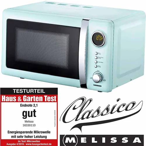 Classico Mikrowelle Retro Design Melissa 16330110 - Freistehende Mikrowelle mit 20 L Garraumvolumen, 700 W Leistung und digitaler Anzeige. Das stilvolle blaue Retro-Design macht sie zum Blickfang in jeder Küche.