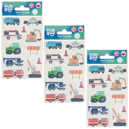 TATTOO-SET FAHRZEUGE für Kinder, WASCHBARE Tattoos für Jungen, 3 BLÄTTER = 30 TATTOOS (C)