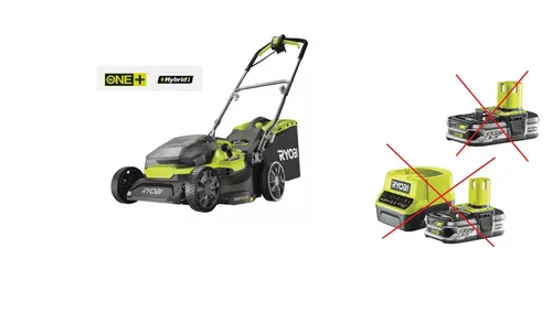 Ryobi ONE+ RY18LMH37A-225 18V Hybrid-Akku-Rasenmäher - Hybrid-Rasenmäher mit 18 V, inklusive 2x2,5Ah Akku für vielseitigen Einsatz und umweltfreundliches Rasenmähen.