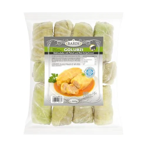 BARIN GOLUBZI Kohlrouladen mit Fleisch und Reis 1000g - Tiefgefrorene Kohlrouladen mit saftigem Schweinefleisch und Reis, ideal für Familienessen oder Gäste. Ohne Geschmacksverstärker, einfach zuzubereiten.