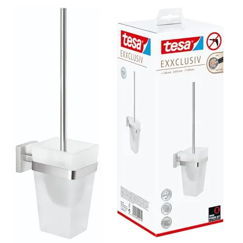 tesa EXXCLUSIV Toilettenbürsten-Set - Verchromt mit satiniertem Glas - WC-Bürstengarnitur mit eleganter Wandbefestigung ohne Bohren, ideal für Mietwohnungen. Dank der tesa Power,Kit Technologie einfach montierbar und spurlos ablösbar.