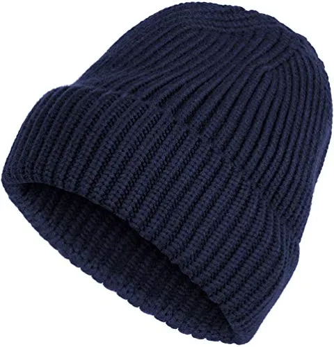 styleBREAKER Unisex Feinstrick Beanie Mütze mit Krempe, warme Winter Strickmütze Einfarbig, Rippen Strickmuster 04024154, Farbe:Dunkelblau
