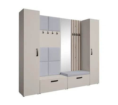 Beautysofa Garderobenschrank mit gepolsterten Paneelen und Spiegel MARGARET XL (zwei praktische Schuhschränke und zwei komfortable Kleiderschränke mit Kleiderstangen) mit dekorative Lamellen und praktischen Kleiderhaken