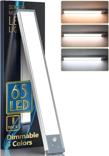 33,5cm Schrankbeleuchtung, 3 Farben Dimmbar LED Lampe mit Bewegungsmelder | 2500mAh USB Wiederaufladbar Schranklicht, 65LED Unterbauleuchte Küche für Kleiderschrank, Treppe, Babyzimmer (Silber)