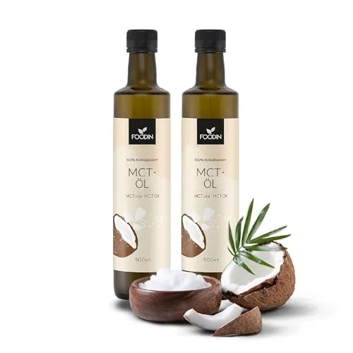 FOODIN MCT Öl 1000ml (2 x 500 ml) aus 100% Kokosöl, Medium-Chain Triglyceride (MCT) Oil, Hergestellt aus produzierter Kokosnuss, 100% glutenfrei und vegan, Ideal für Ketogene Ernährung