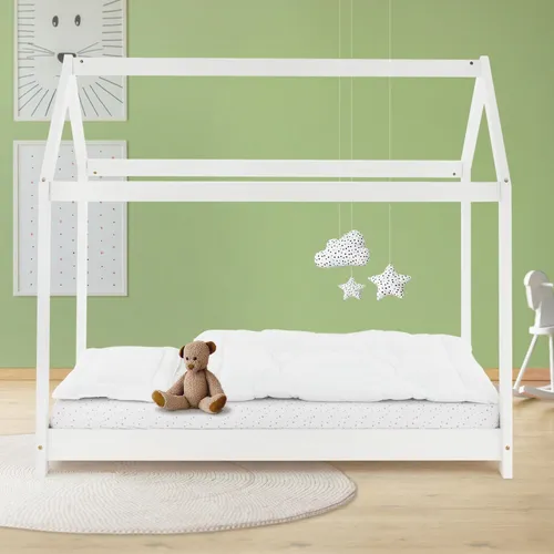 ML-Design Kinderbett 80x160 cm mit Dach - Hausbett aus massivem Kiefernholz für Kinder von 3 bis 10 Jahren, bietet einen gemütlichen Schlafplatz mit kreativen Gestaltungsmöglichkeiten.
