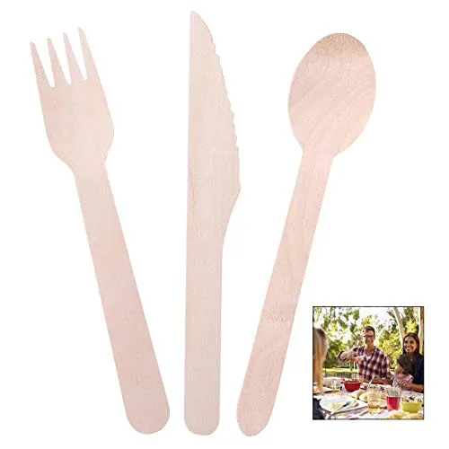 iPobie 100 Stücke Einwegbesteck Set, Hölzerne Besteck Set 100% Biologisch Abbaubar Holzbesteck, Einweggeschirr Set Einweg Holzbesteck für Grillen, Hochzeit, Picknick, Party, Büro