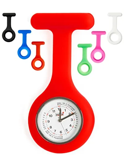 PULOX Schwesternuhr mit Pulsskala & Sekundenzeiger, Set mit 1x Quarzuhr und 6 Silikonhüllen mit Anstecknadel