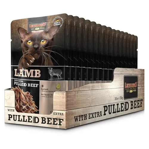 LEONARDO Frischebeutel [16x70g Lamb mit Fleischstreifen] Pulled Beef | Getreidefreies Nassfutter für Katzen | Alleinfuttermittel Katzenfutter