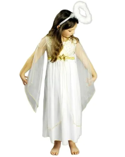 Funny Fashion Kinder Engelskostüm Lucia mit Sternen | Weiß Gold - Christkind Kostümkleid mit Sternen Weihnachten Adventszeit Kinderkostüm Christkind Mädchen Heiligabend Krippenspiel 104