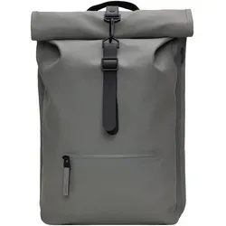 RAINS Rolltop Rucksack Grey - Wasserdichter Tagesrucksack für Damen und Herren mit Rolltop-Öffnung und D-Ring, ideal für Pendler. Robustes Design mit 8000 mm Wassersäulendruck und seitlicher Laptop-Tasche für 16-Zoll-Geräte.