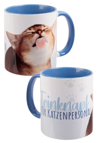 Katzen Tasse - Trinknapf für Katzenpersonal Kaffeetasse Keramik Weiß Blau 320 ml