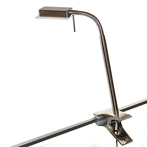 LED Klemmleuchte mit Schwanenhals, 3,3 Watt SMD LED, Metall matt gebürstet & echt Glas, flexiber Lampenarm, brilliant warmweißes Licht, 1,7 m Zuleitungskabel, Flexleuchte, Leselampe, Nachtlicht, Lampe, Leuchte, Schreibtischlampe