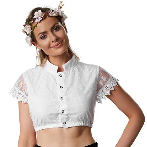 dressforfun 900599 Elegante Dirndlbluse, Ärmel aus Spitze mit Blumenmuster, Stehkragen, kurz, weiß - Diverse Größen - (L | Nr. 303097)