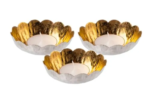 Schwimmschale Blüte Silber-Gold (3er Set) 8x5 cm aus Metall - Schwimm-Teelicht, Schwimmkerzen, Tischdeko, Teelichthalter