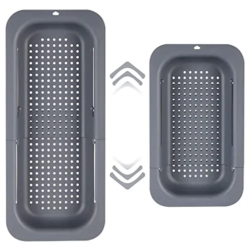 Sieb für Spülbecken, Ausziehbar Siebkorb über der Spüle, Abtropfsieb Waschbecken Seiher Ideal zum Gemüse und Obst waschen, Gekochte Nudeln und Trockengerichte Abtropfen Lassen, 34,5-48 x 6.5 x 20 cm