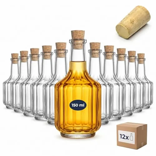 gouveo 12er Set Glasflaschen 200 ml Rustica mit Korken - Elegante 200 ml Glasflaschen mit Korkverschluss für vielseitige Anwendungen. Ideal zum Abfüllen von Spirituosen oder als dekoratives Geschenk. Praktisch und wiederverwendbar, perfekt für jeden Anlass!