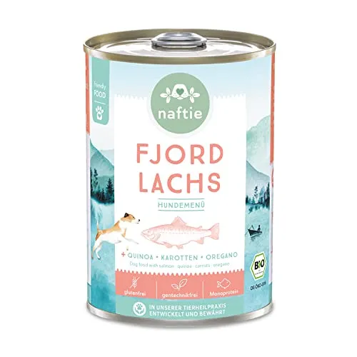 naftie Bio Hundefutter Fjord Lachs - Premium Nassfutter Menü mit Lachs-Fisch & Quinoa - getreidefrei glutenfrei - purinarm - Diät-Futter - 400g Dose