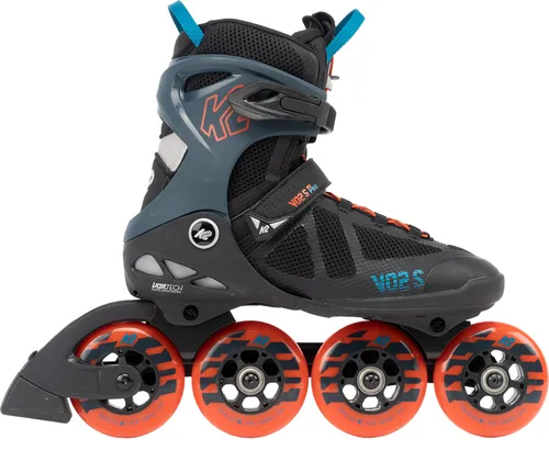K2 VO2 S 90 Inline Skate 2025 - Schwarz/Blau/Orange - 46 - Inliner für ambitionierte Fitnessskater mit innovativer VO2-S Schiene für verbesserte Dämpfung und maximalen Komfort. Das Vortech-Ventilationssystem sorgt für kühle Füße bei langen Trainingseinheiten.