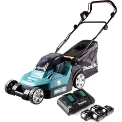 Makita DLM 432 PT4 Akku Rasenmäher 36 V – Effizienter Brushless-Motor mit 4x 5,0 Ah Akkus - Rasenmäher mit 43 cm Schnittbreite, leistungsstark und kabellos für müheloses Mähen. Ideal für große Gärten!