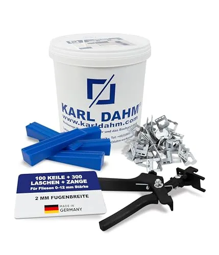 Karl Dahm Fliesen-Nivelliersystem-Set 2 mm mit 100 Keilen, 300 Laschen, Metallzange & Eimer I Für perfekte, gleichmäßige Fugen ohne Höhenversatz I Reicht für ca. 25–30 m² – 12057