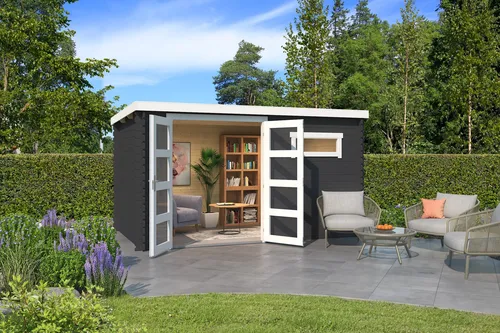 Gartenhaus Blockhaus Pultdach 28 mm Augusta grau 400x250 cm - Hochwertiges Gartenhaus aus Blockbohlen mit 8,4 m² Nutzfläche, abschließbarer Doppeltür und robustem Pultdach. Ideal für Gartenlagerung oder als Rückzugsort.
