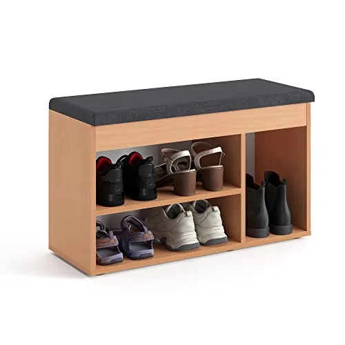 KOMTO Schuhbank mit Sitzfläche - Schuhregal Bank aus Buche - Sitzbank mit Schuhregal und gepolsterter Sitzfläche, ideal zum bequemen Anziehen von Schuhen. Geräumiger Stauraum und stabile Konstruktion, Maße: 80 x 48 x 32 cm.