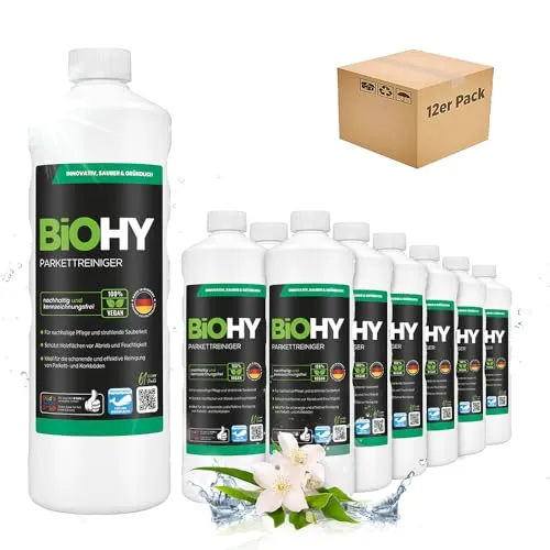 BiOHY Parkettreiniger (12 x 1 Liter) | Konzentrat für versiegeltes & geöltes Parkett | materialschonend & schmutzlösend | für eine streifenfreie Reinigung | 2 in 1 Pflege & Reinigungsmittel