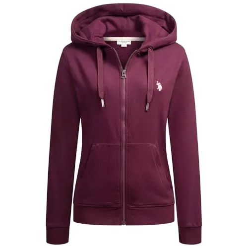 U.S. Polo Assn. Damen Kapuzenpullover (S-XL) Hoodie mit Reißverschluss, aufgesetzten Eingrifftaschen und Rippbündchen P019 - Prune Beige - Gr.XL