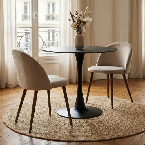 Essgruppe LOIRE/NAVIA - Runder Esstisch mit 2 Stühlen in Schwarz/Grau - Platzsparendes Set mit Ø 80 cm Tisch, ideal für kleine Küchen. Modernes Design mit pflegeleichter Keramikplatte und bequemen Samtstühlen für angenehme Mahlzeiten.