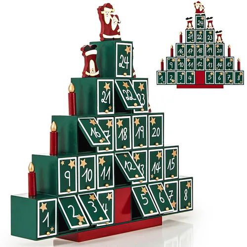 Adventskalender Pyramide Holz - Adventskalender aus Holz in Form eines Weihnachtsbaumes mit 24 individuell befüllbaren Fächern. Handbemalt und ein echter Hingucker für die Weihnachtszeit!