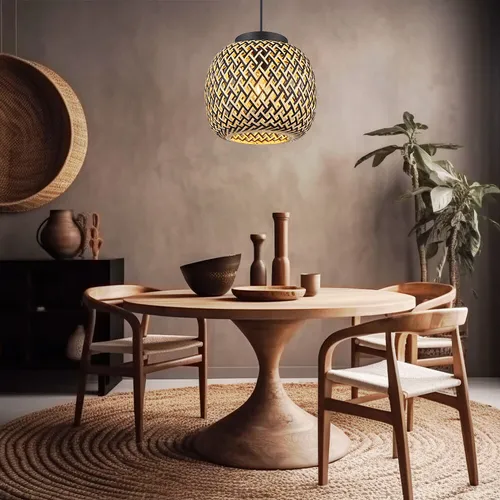 Pendellampe Bambus Hängeleuchte - Boho Stil für Esstisch - Lampen - Stilvolle Hängeleuchte aus Bambus im Boho Design, höhenverstellbar und ideal für gemütliche Essbereiche. E27 Fassung für individuelle Lichtgestaltung.