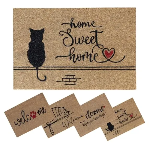 SPOTTED DOG GIFT COMPANY Katze Kokos Fußmatte für Innen - Schmutzfangmatte Natur, Kokosmatte Outdoor, Fußabtreter Wetterfest und rutschfest für Flur, Eingangsbereich 60x40cm, Home Sweet Home