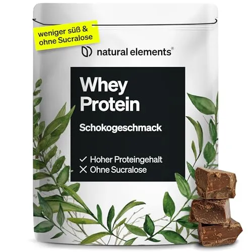Produktbild natural elements Whey Protein Pulver – Schoko – 1kg – 23g Protein pro Portion – für deinen Muskelaufbau, hochdosiert – in Deutschland produziert & laborgeprüft