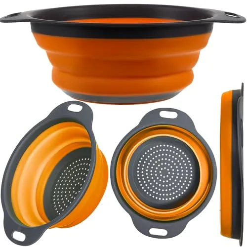 Küchensieb aus Silikon Faltbar Spülmaschienenfest Nudelsieb Seiher für Obst Gemüse Grau-Orange 23253
