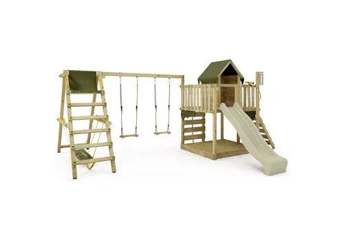 FATMOOSE Spielturm JazzyJungle mit SurfSwing – Abenteuer für Kinder - Schaukeln und spielen im witterungsbeständigen Spielturm JazzyJungle mit 10 Jahren Garantie*. Ideal für stundenlangen Spielspaß im eigenen Garten.