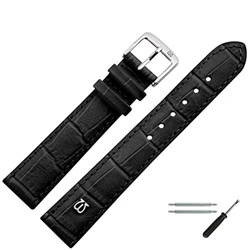 MARBURGER Uhrenarmband 24mm Leder Schwarz Silber Alligator Prägung Mit Naht - Montage Set 5282410000120
