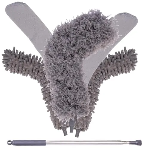 Sichler Haushaltsgeräte biegsamer Staubwedel: 5in1 Staubwedel-Set mit Edelstahl-Teleskopstange, ausziehbar bis 210cm (Mikrofaser Auto, für Tierhaushalte, Spitzer)