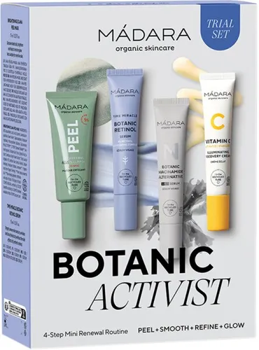 Mádara Botanic Activist 4-Step Mini Renewal Routine Set - Gesichtspflegeset mit 4 innovativen Minigrößen zur Verbesserung der Hautstruktur und des Hauttons. Ideal für Reisen oder als Ergänzung zur täglichen Pflegeroutine.