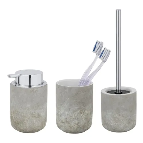Schöner Wohnen Bad-Accessoire Set Londa 3-teilig - Badausstattung Set in urbaner Zementoptik, aus Keramik, inklusive rutschsicherem Seifenspender, Zahnputzbecher und WC-Garnitur für stilvolle Badezimmerpflege.