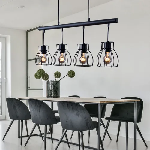 Vintage Pendelleuchte Hängelampe Industrial Schwarz - Lampen im Industrial-Stil mit käfigförmigen Schirmen, ideal für gemütliche Esstisch-Atmosphäre. Inklusive 4x 7W LED Leuchtmittel für warmweißes Licht und 806 Lumen pro Lampe.