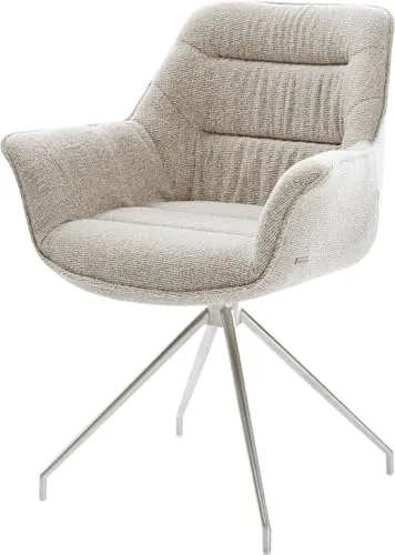 DELIFE Esszimmerstuhl Kaira-Flex Webstoff Soft Beige mit Edelstahl-Kreuzgestell - Der Esszimmerstuhl Kaira-Flex vereint elegantes Design mit Komfort. Die großzügige Rückenlehne und der fein gewebte Stoff in Beige fügen sich harmonisch in jeden Essbereich ein. Stabilität und Stil durch das konische Edelstahlgestell.