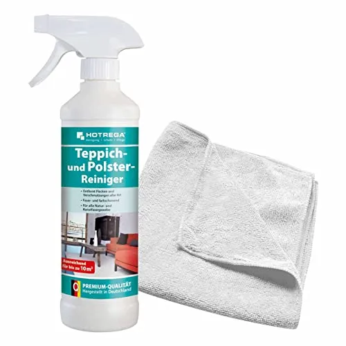 HOTREGA Teppich und Polster Reiniger 500ml | Fleckenentferner für Textilien, Auto, Möbel & Markise | materialschonend | inkl. Microfasertuch