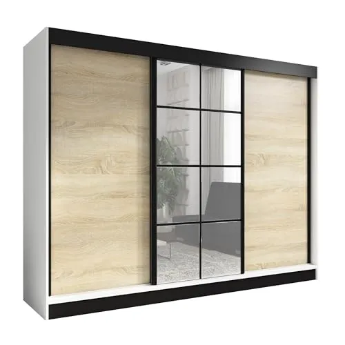 A&J MöbelLand Schwebetürenschrank ORAVELLE 3-türig - Eleganter Schwebetürenschrank mit Spiegel, 4 Schubladen und viel Stauraum. Ideal für Schlafzimmer und moderne Wohnräume, mit hochwertiger Verarbeitung und einfacher Montage.